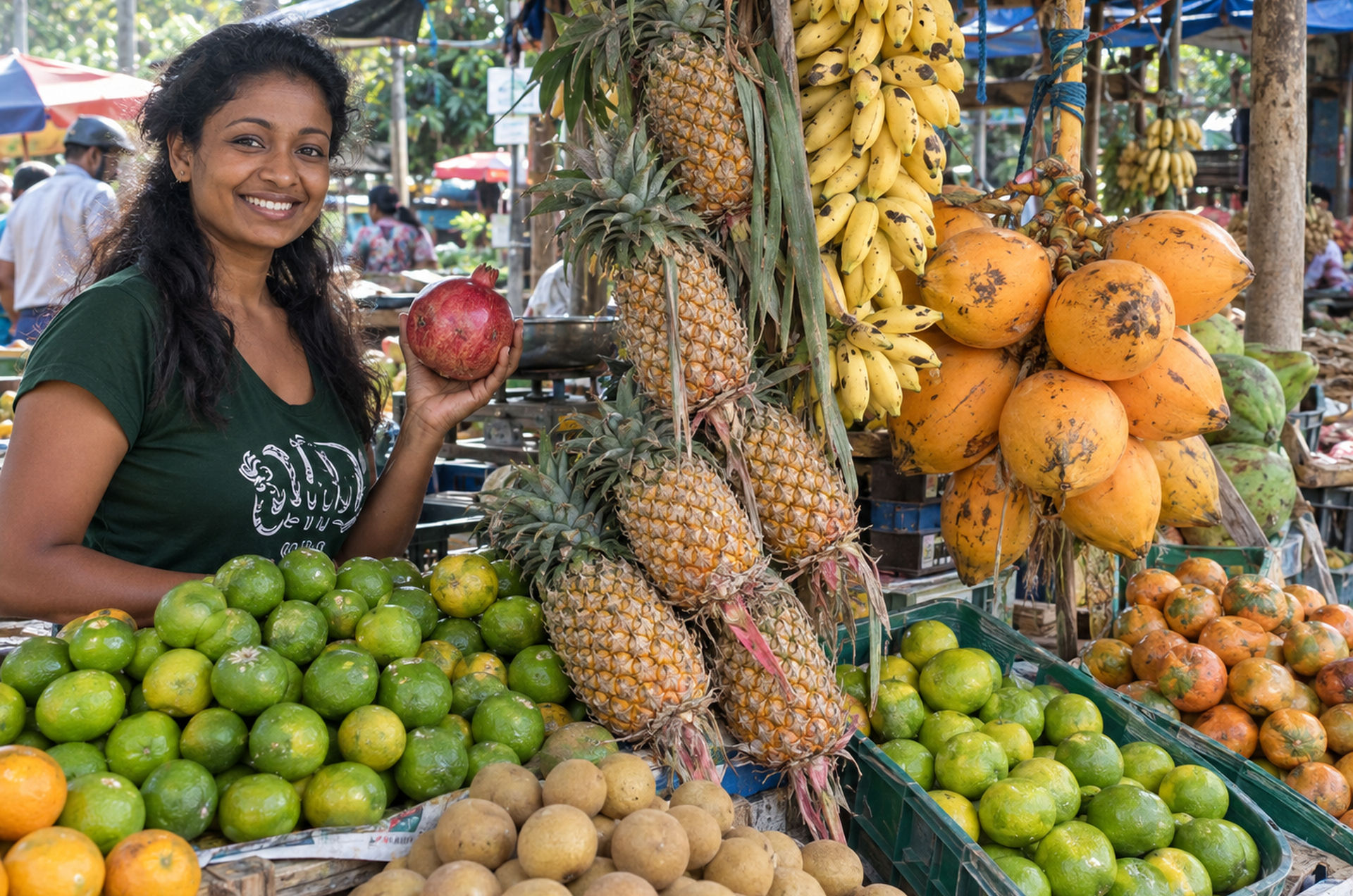 Eine lächelnde Marktfrau von einem Obst und Gemüse Marktstand in Ambalangoda auf Sri Lanka.